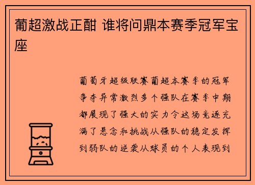 葡超激战正酣 谁将问鼎本赛季冠军宝座