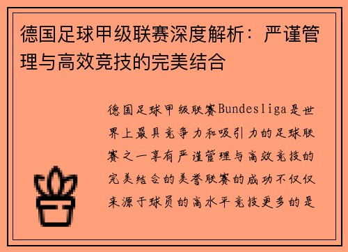 德国足球甲级联赛深度解析：严谨管理与高效竞技的完美结合